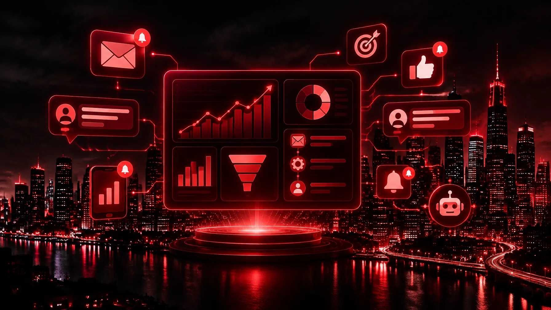 Glowing red marketing dashboard over a dark city skyline