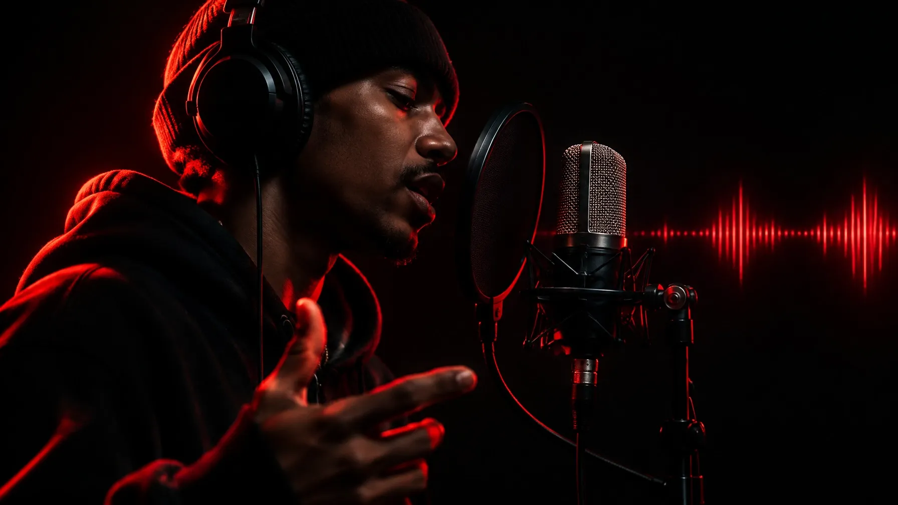 Independent artist recording vocals in a red-lit studio