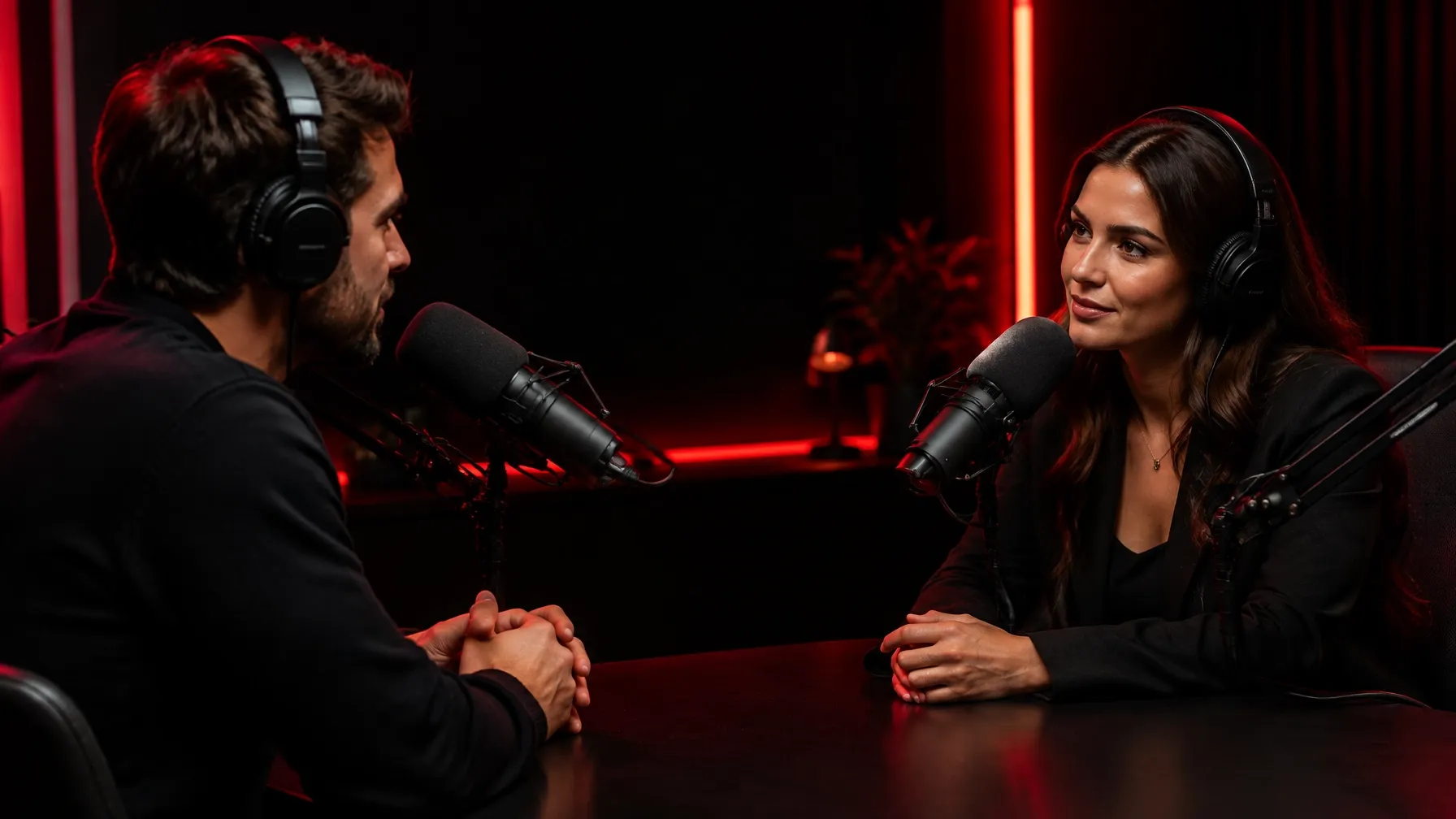 Podcast host and guest talking at broadcast microphones in a red-lit studio