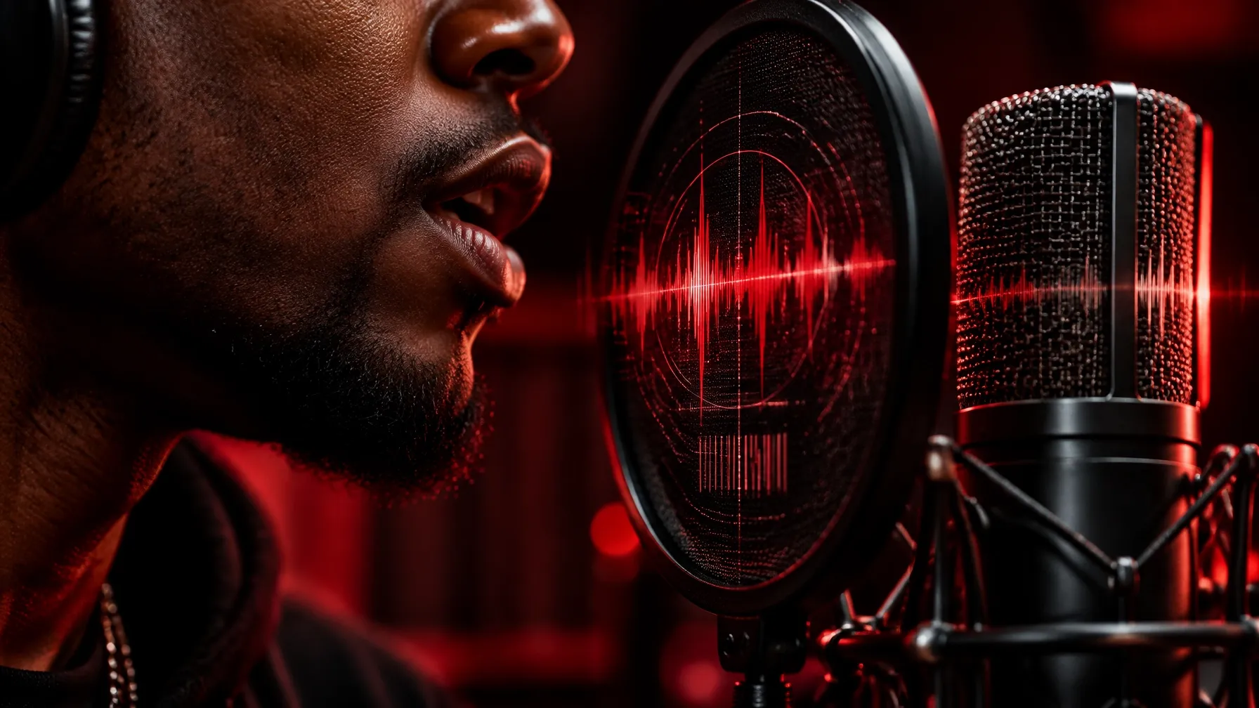 Close-up of a vocalist and studio microphone with a digital waveform visualization