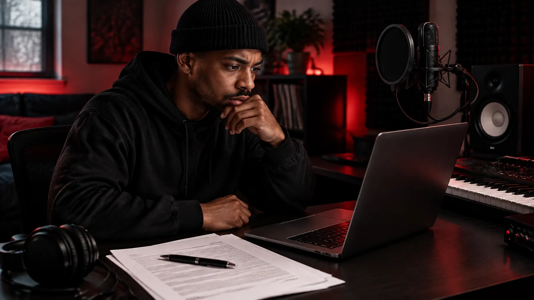 Independent artist reviewing an AI music licensing agreement in a home studio