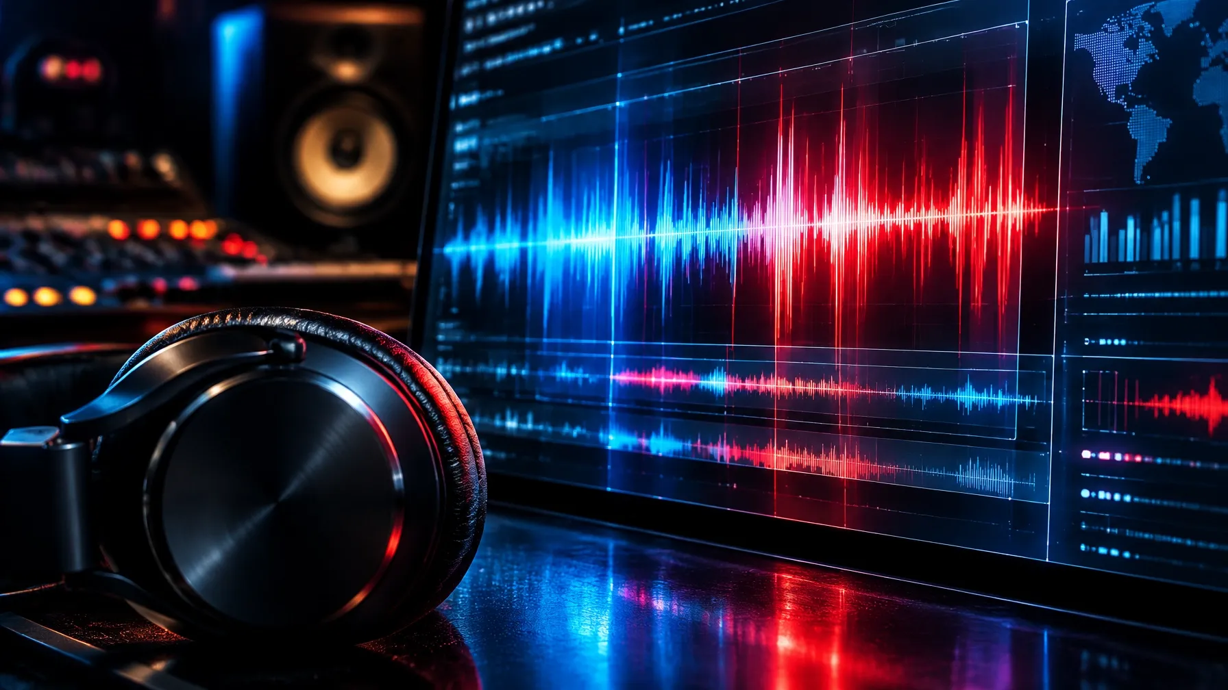 Laptop showing a generic music licensing terms interface beside studio headphones