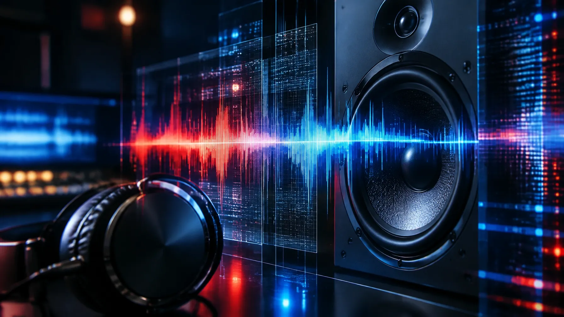 Abstract audio waveform moving through layered digital data in a dark studio