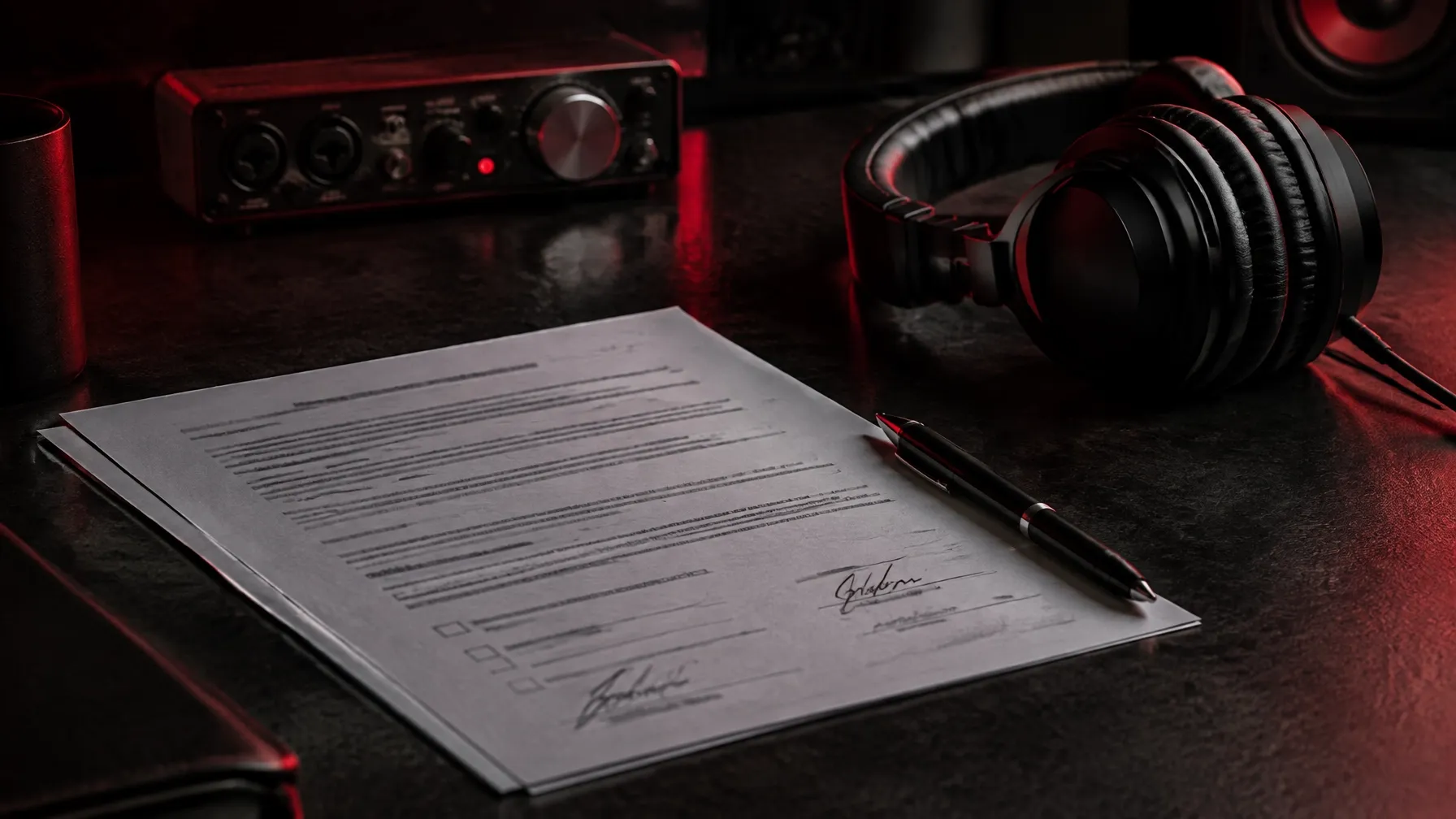 Notebook, headphones, documents, and checklist materials representing an artist rights review