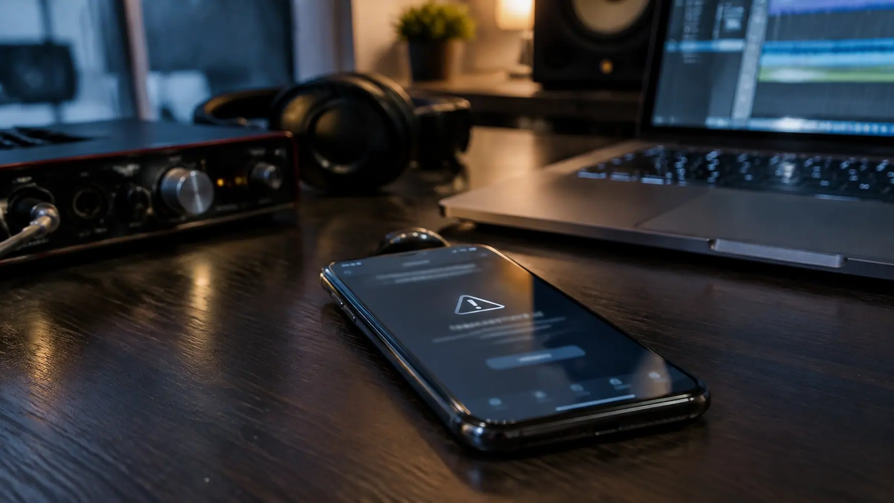 A smartphone showing a generic unavailable-track error on a home-studio desk