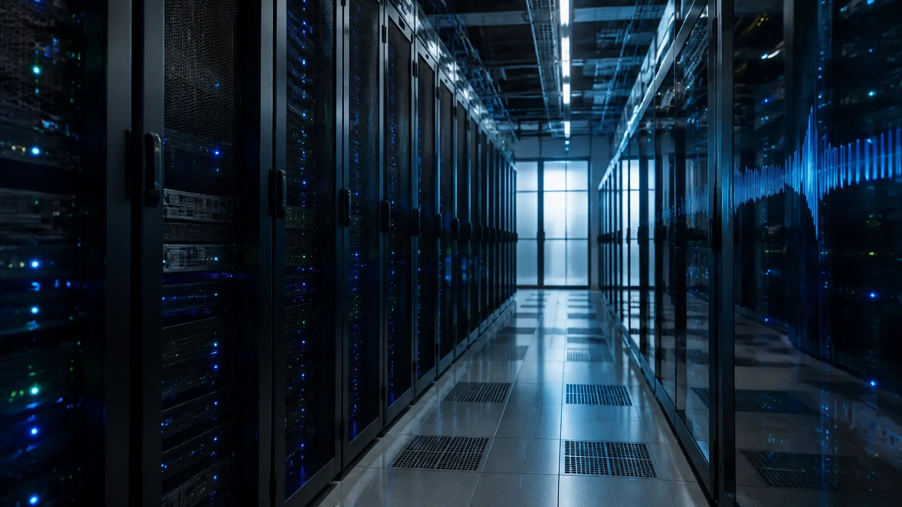 Dark server racks with subtle blue lights, representing the infrastructure behind digital music distribution