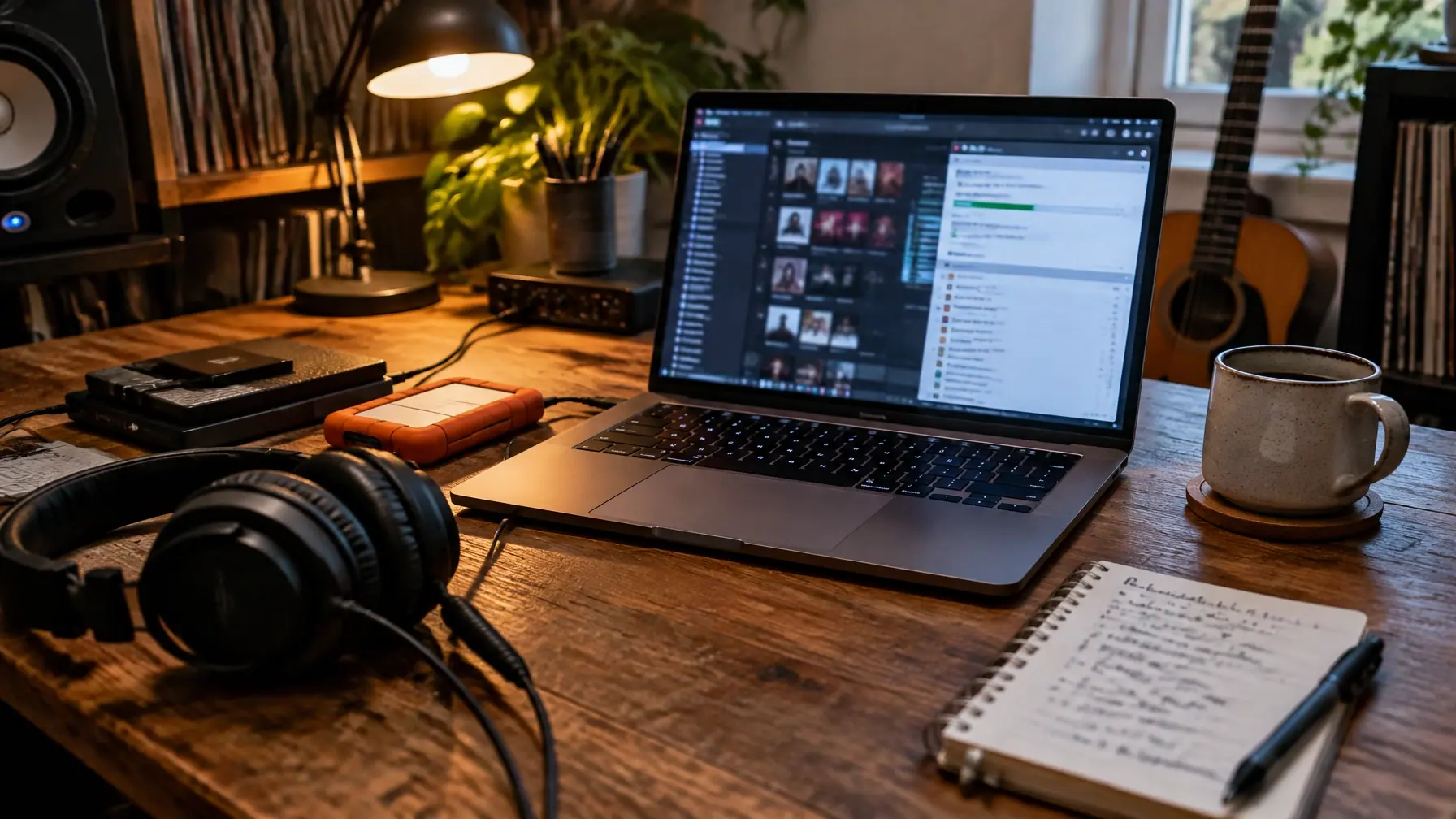 Headphones, backup drives and a laptop in an independent artist's home studio