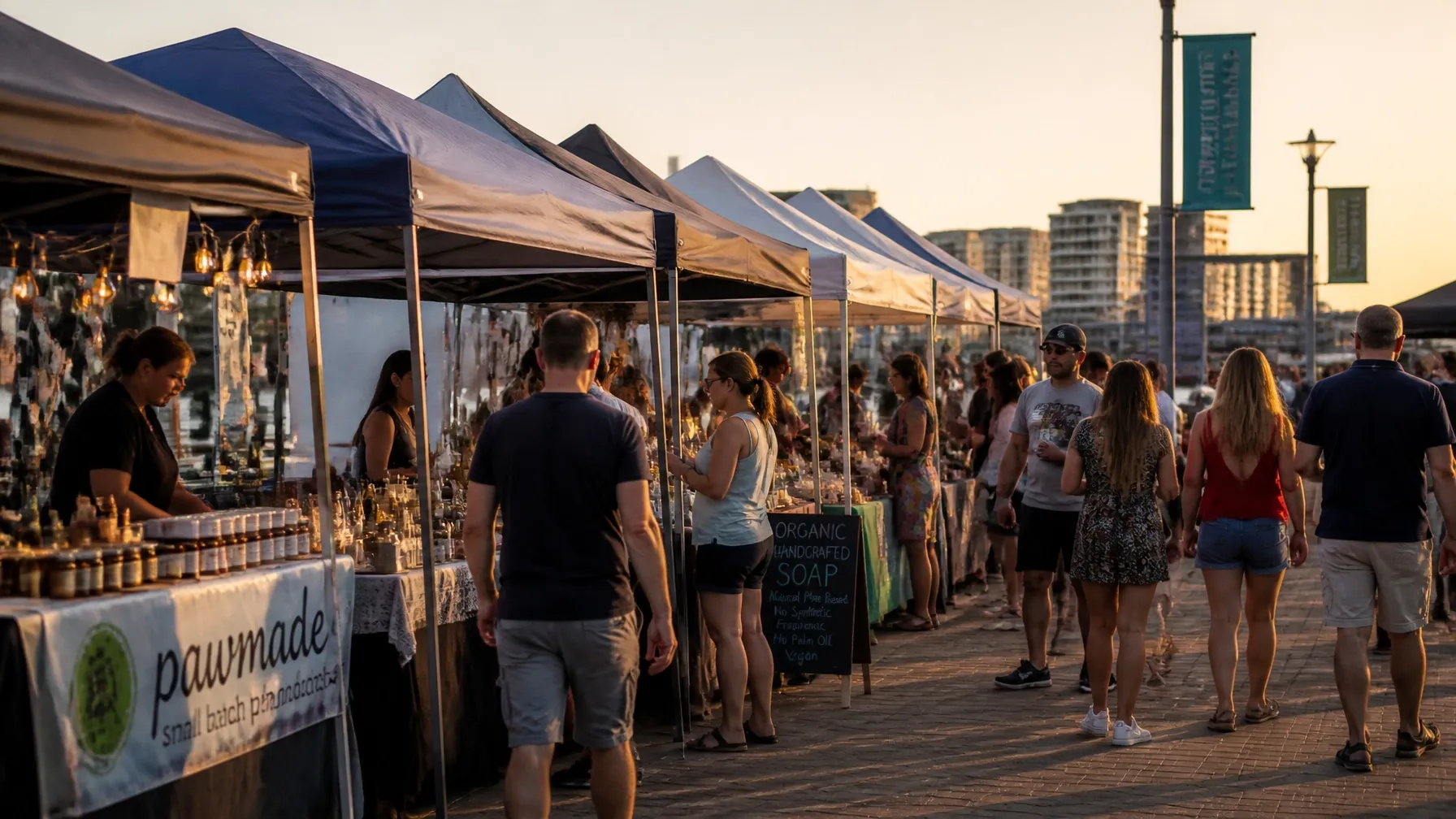 Vendors and community members enjoying the atmosphere at the Docklands Riverfront.