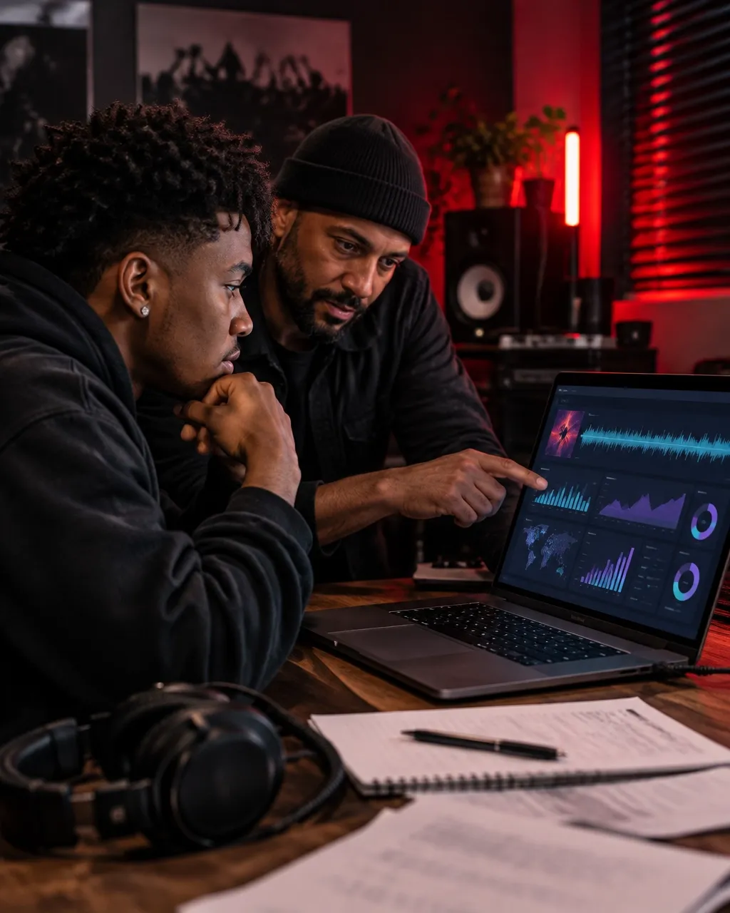 Artist and manager reviewing music distribution analytics on a laptop