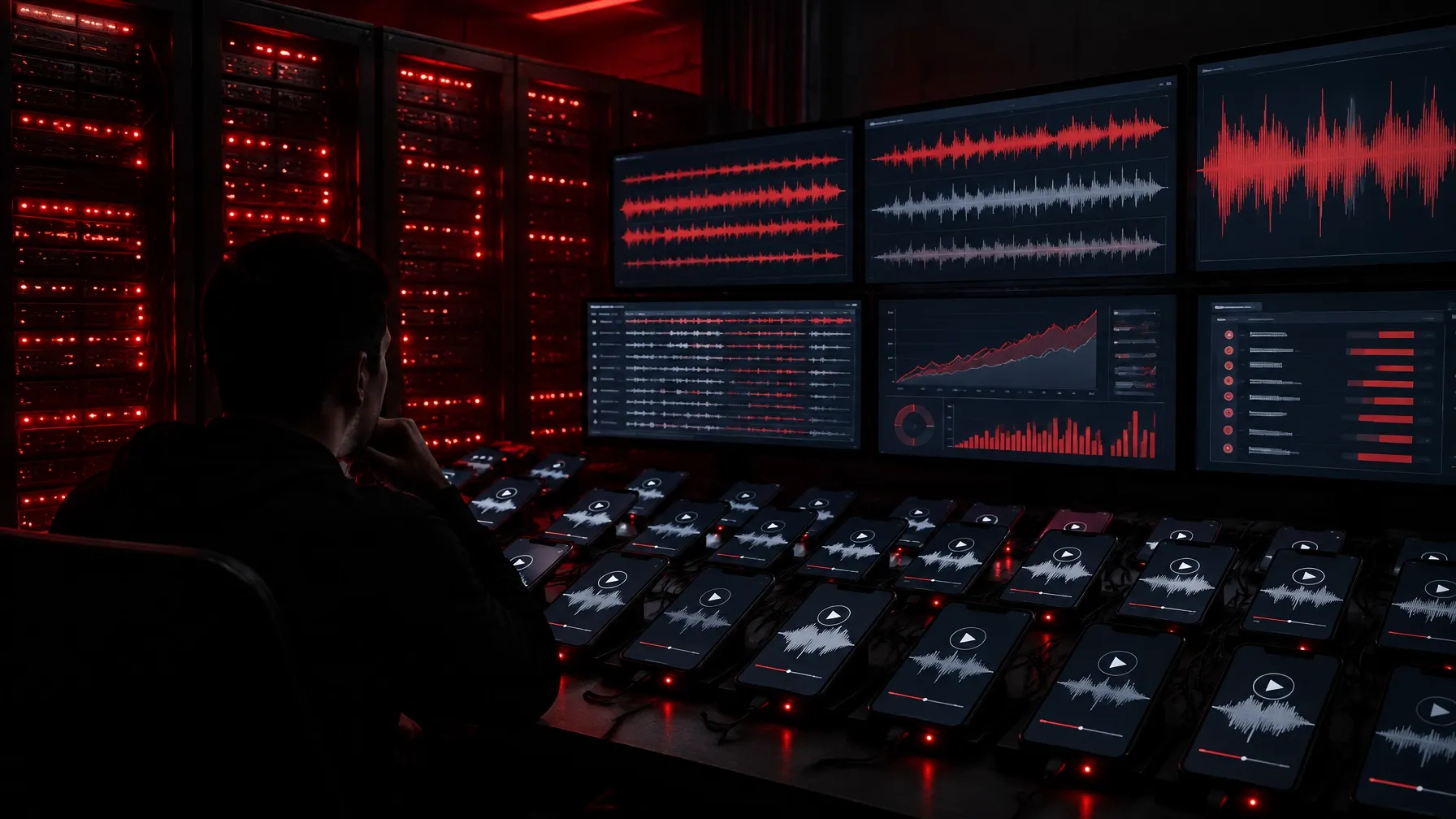 Server racks and smartphones displaying abstract streaming analytics in a monitoring room