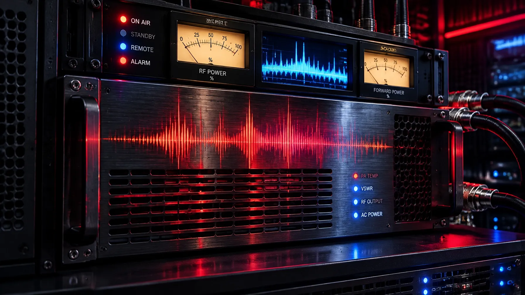 Professional FM broadcast transmitter rack with digital signal reflections