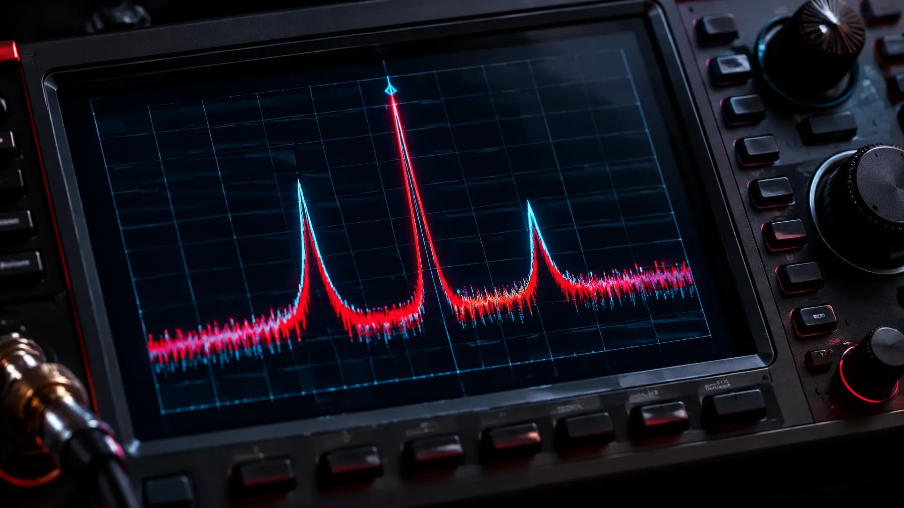 Spectrum analyzer showing a central FM carrier with two digital sidebands at different power levels