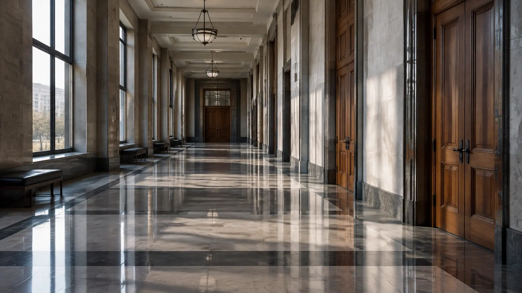 An empty courthouse corridor with a quiet, serious atmosphere