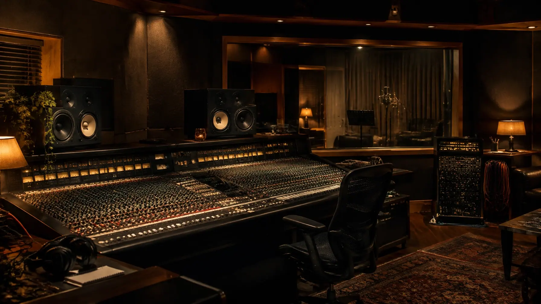 An empty recording studio control room with mixing equipment softly lit