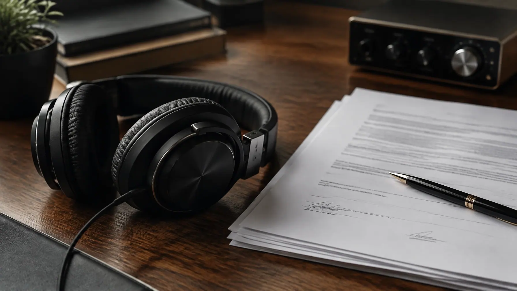 Studio headphones beside signed music-business paperwork
