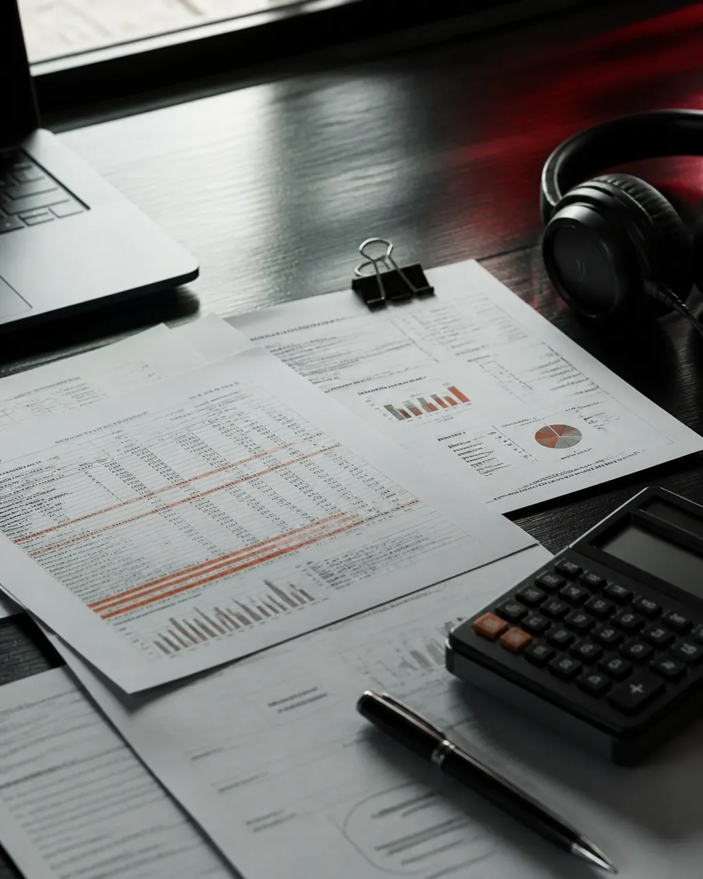 Close-up of royalty statements, a calculator, headphones, and a studio desk