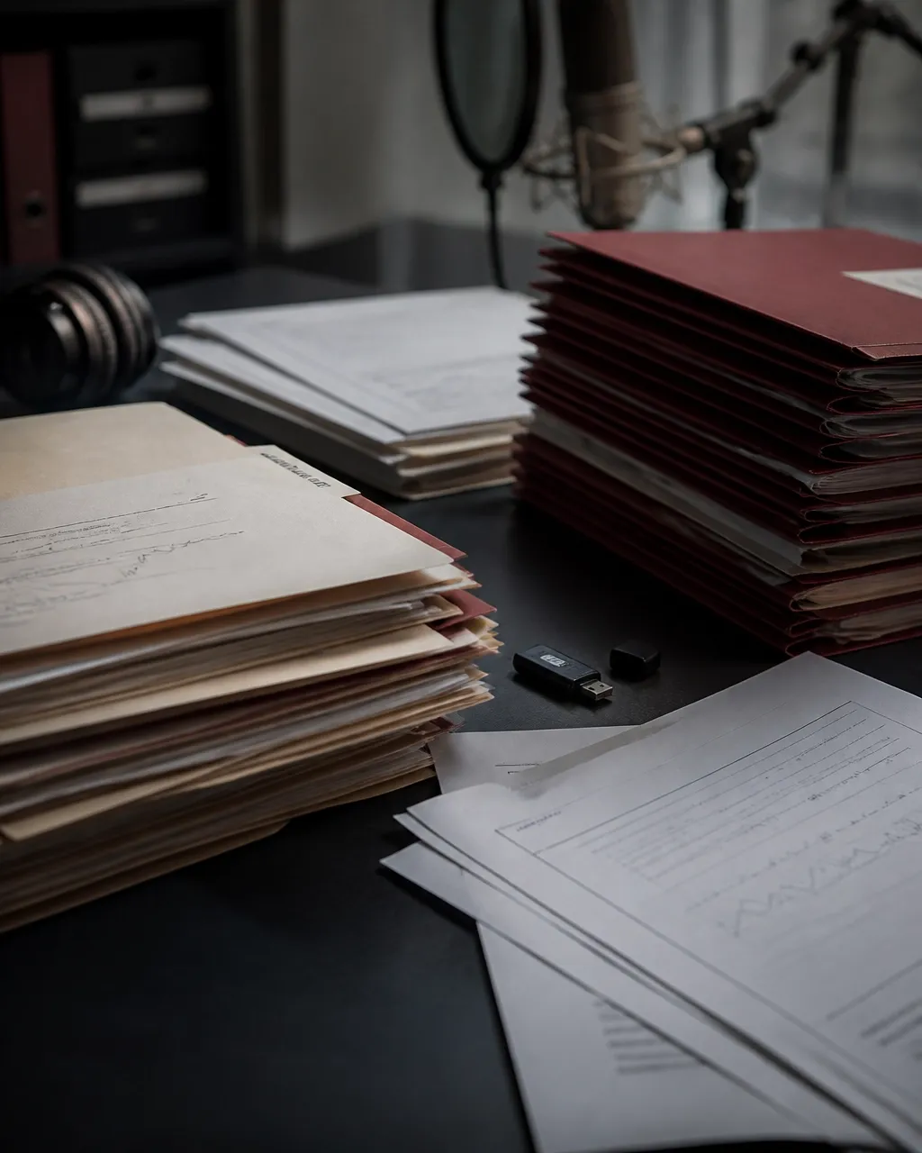 Organized music-rights documents, folders, headphones, and a hard drive in a studio workspace