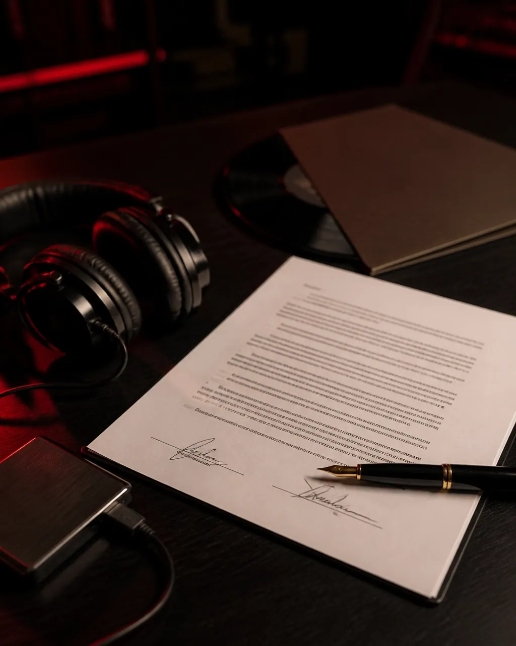 Close-up of a recording agreement, headphones, and a pen on a dark studio desk