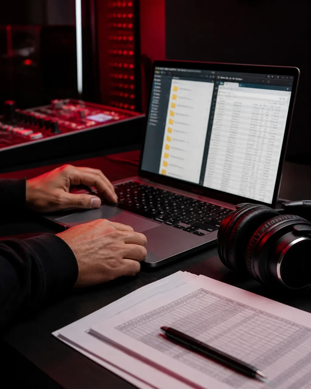 Audio files and royalty documents arranged beside studio headphones and a laptop