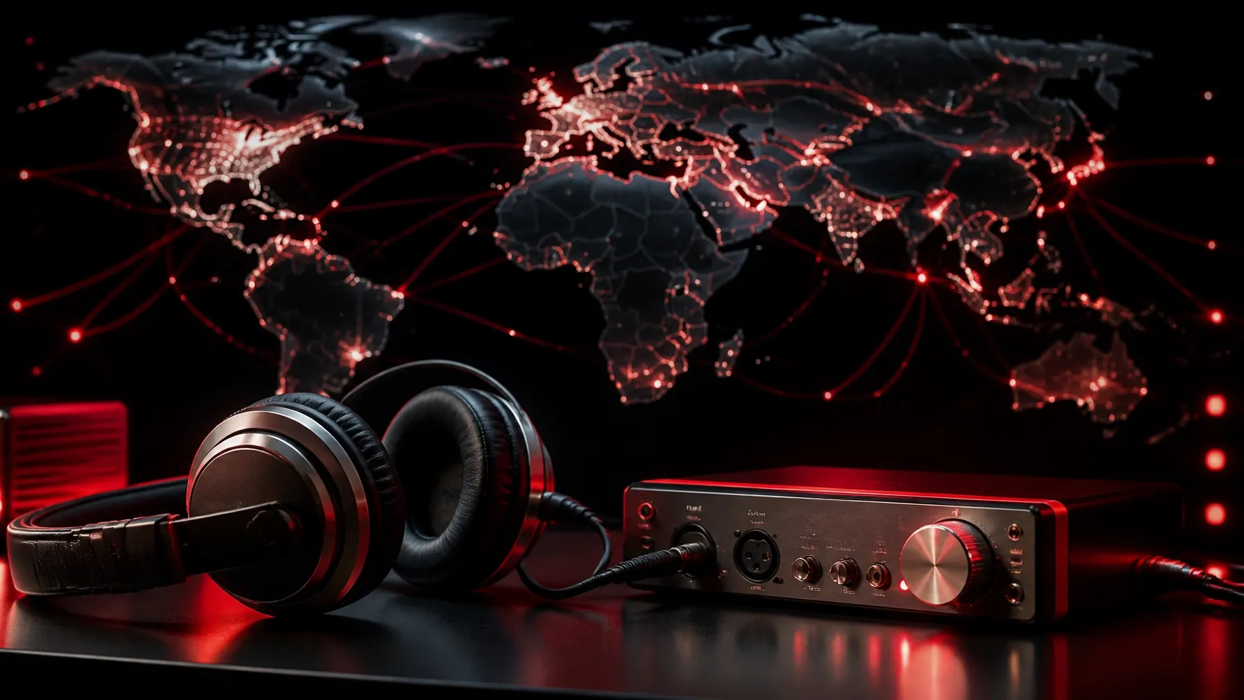 Studio headphones and audio equipment with a softly focused world map in the background