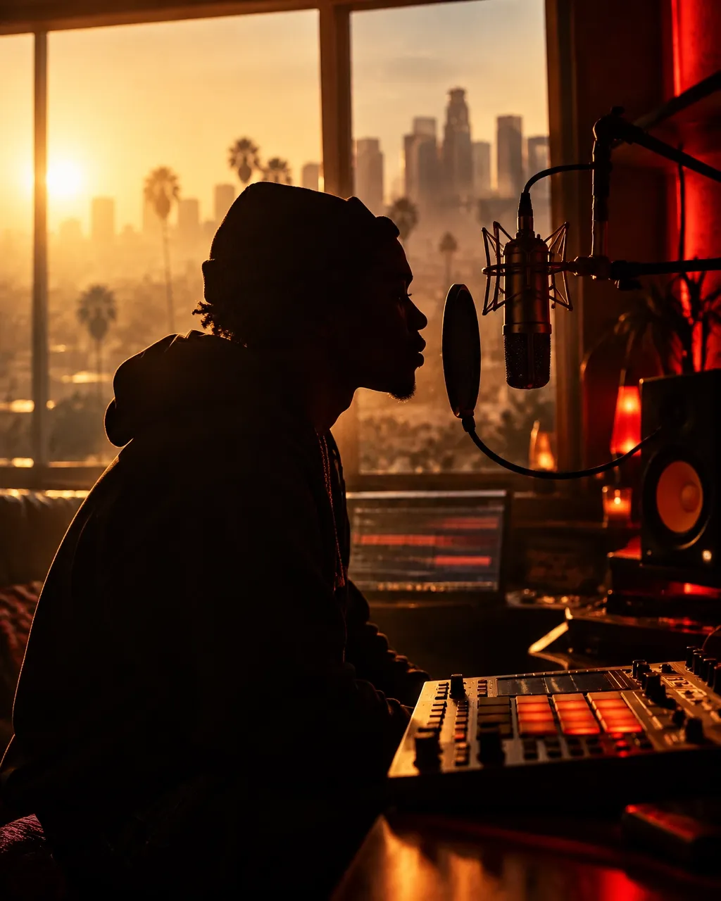 Silhouetted Los Angeles rapper in a warm recording studio with vintage microphone and MPC pads