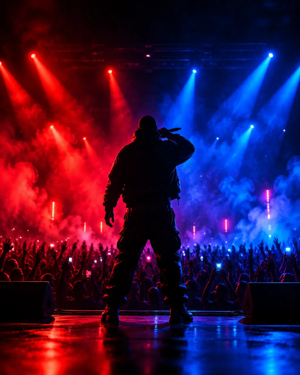 Futuristic trap concert with red and blue stage lights, haze, and a silhouetted performer