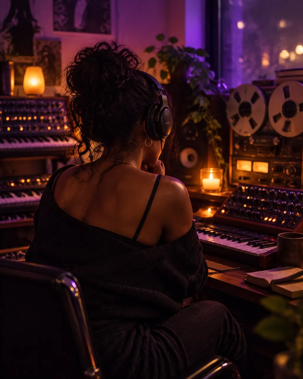 Intimate alternative R&B listening session with synthesizers, tape machine, and soft purple lighting