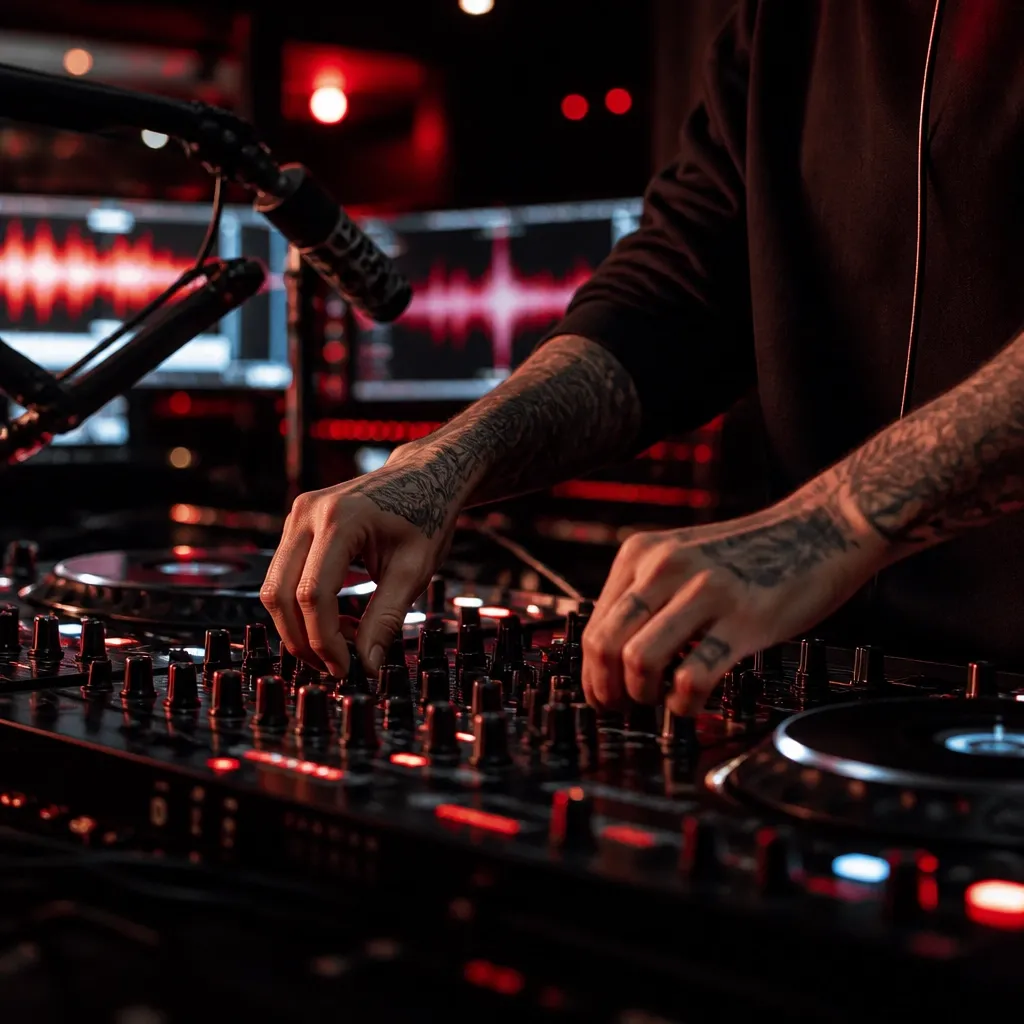 A DJ adjusting a mixing console during a late-night radio broadcast