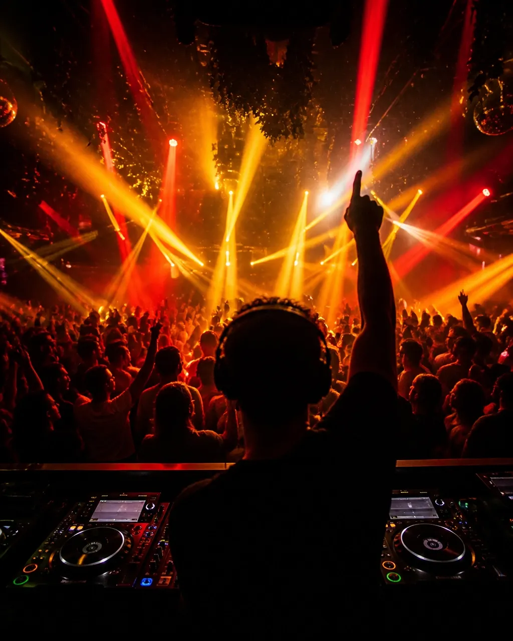 A packed urban club floor under red, gold, and blue lights