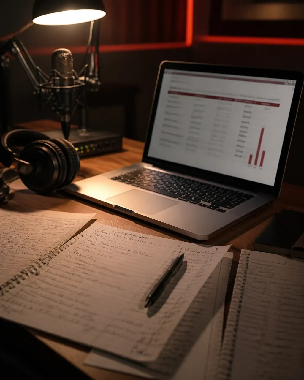 A songwriter's desk with lyric pages, headphones, and a microphone in the background
