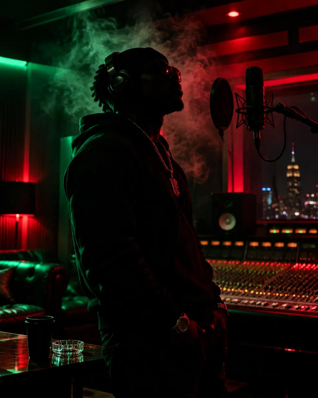 Atlanta trap recording studio with a rapper near a microphone