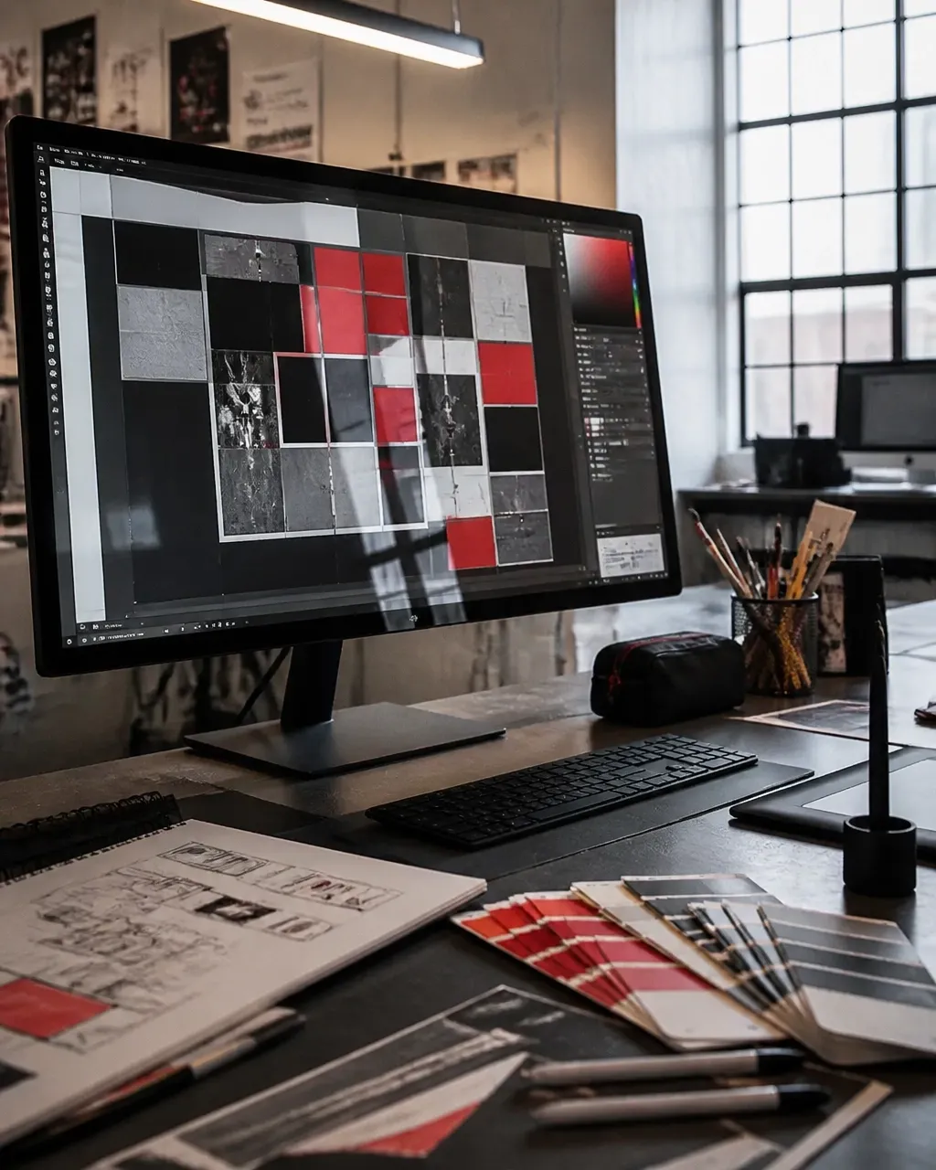 Graphic design workspace with monitor, color swatches, stylus, and creative tools