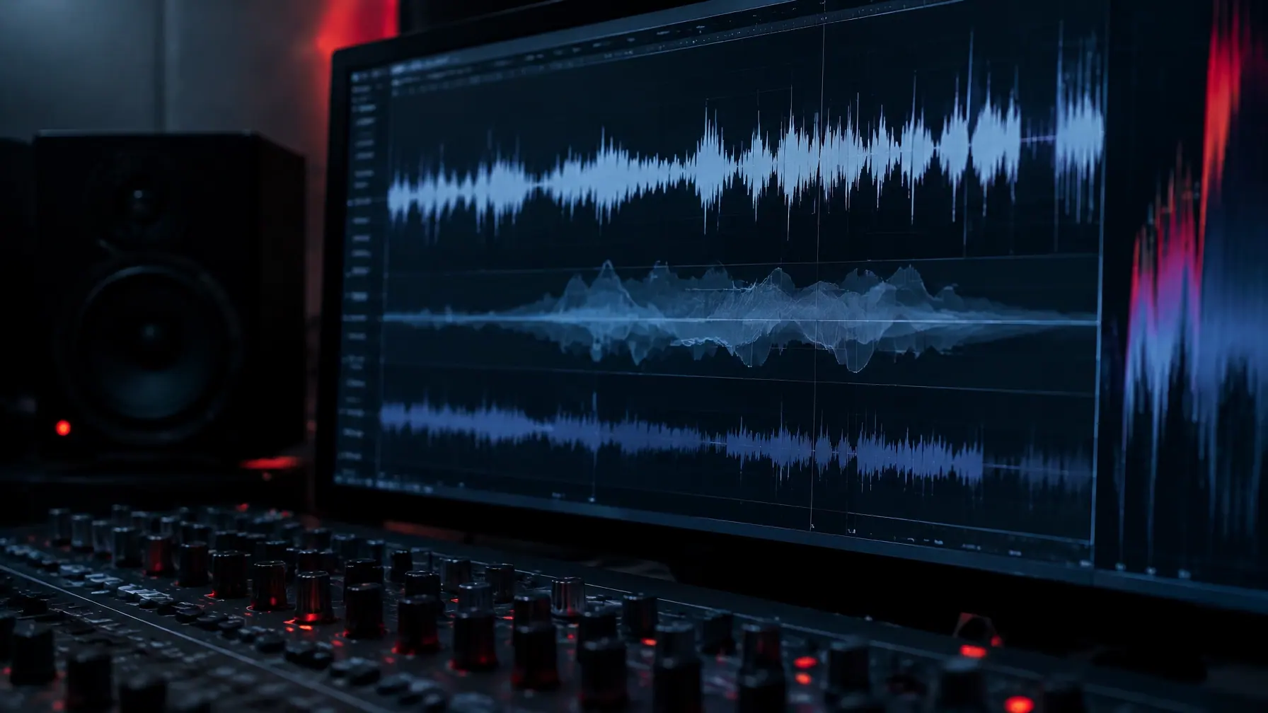 A studio workstation displays abstract waveforms beside a mixing desk, suggesting synthetic voice replication