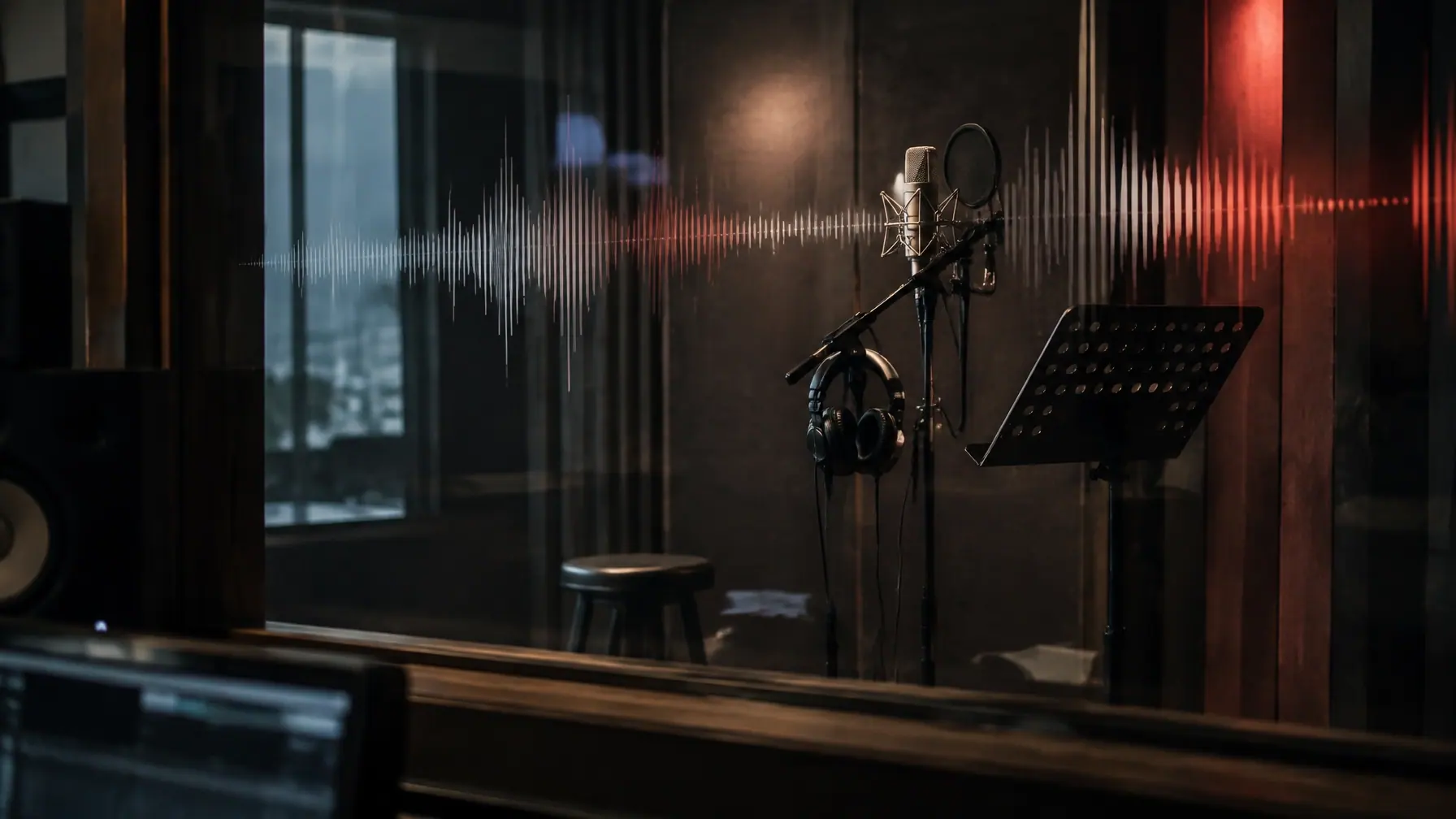 An empty vocal booth and microphone seen through glass, with subtle digital waveform reflections