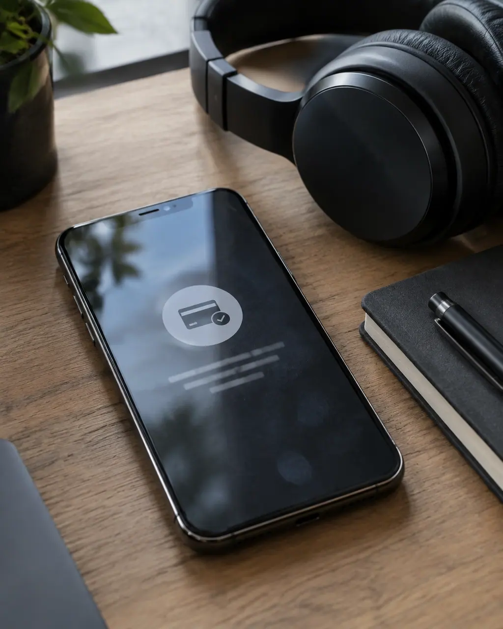 Phone showing an abstract payment notification beside headphones and a notebook