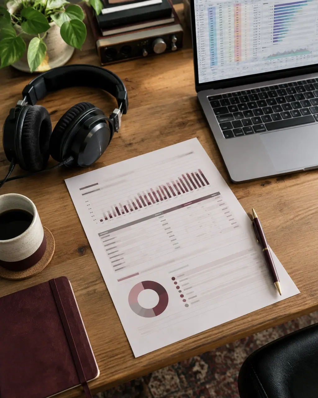Royalty statement and laptop with an abstract, unreadable music usage spreadsheet