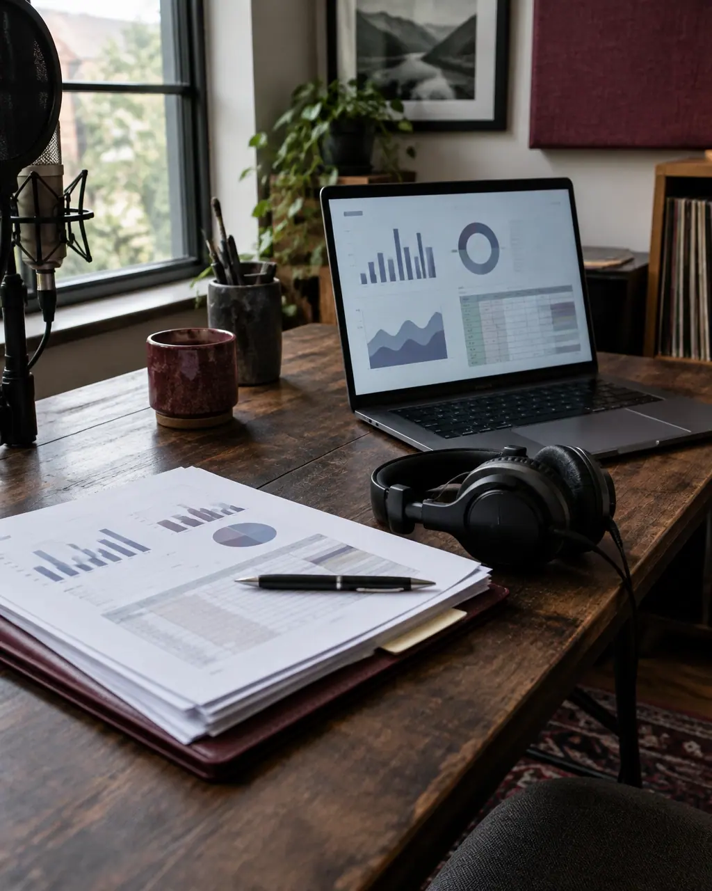 Headphones beside organized paperwork in a home-studio workspace