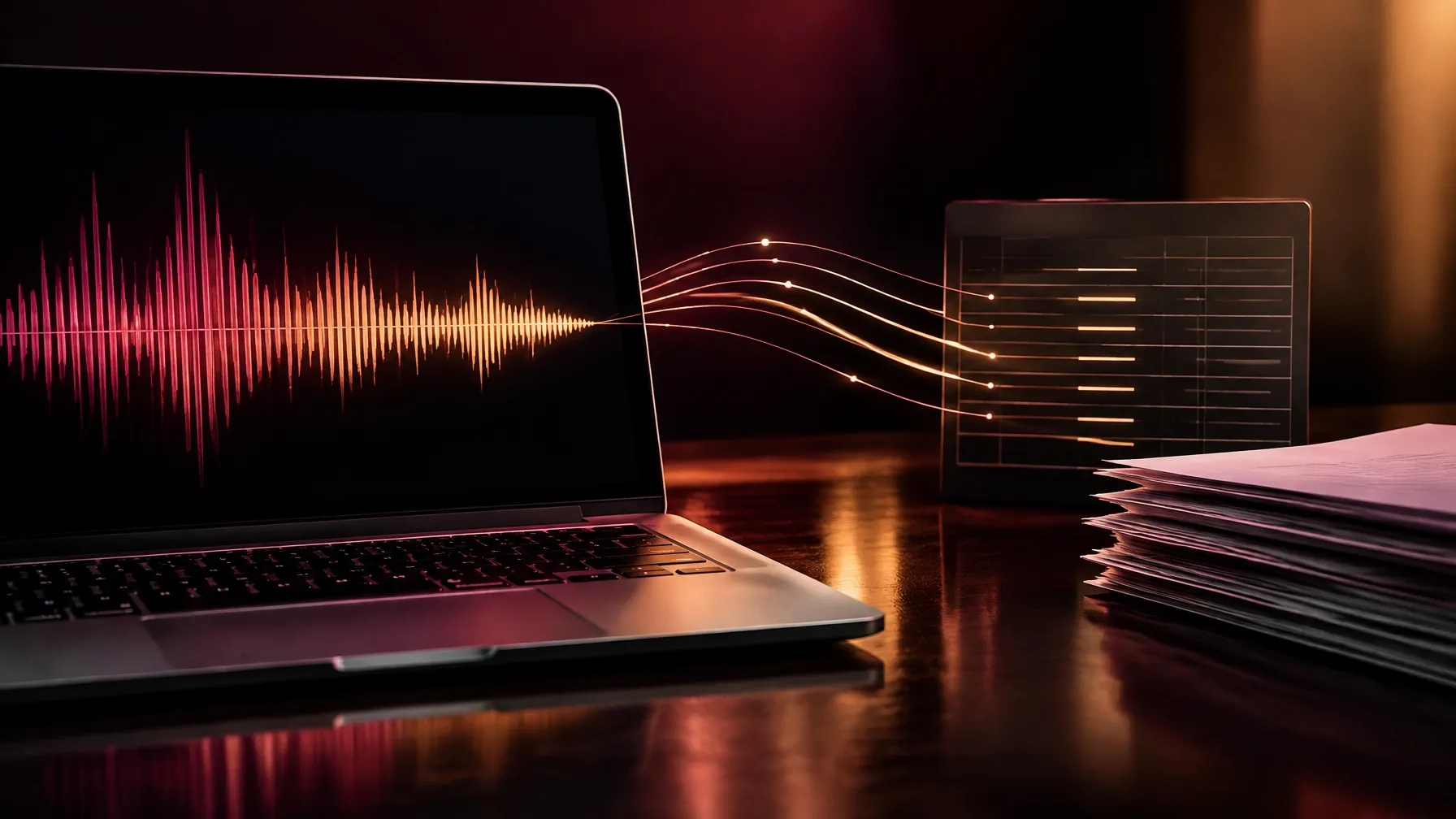 Abstract waveform and payment imagery on a laptop beside royalty paperwork