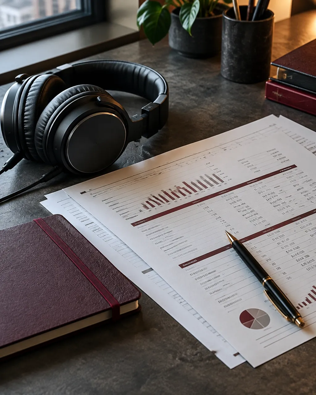 Headphones beside organized royalty paperwork and a notebook