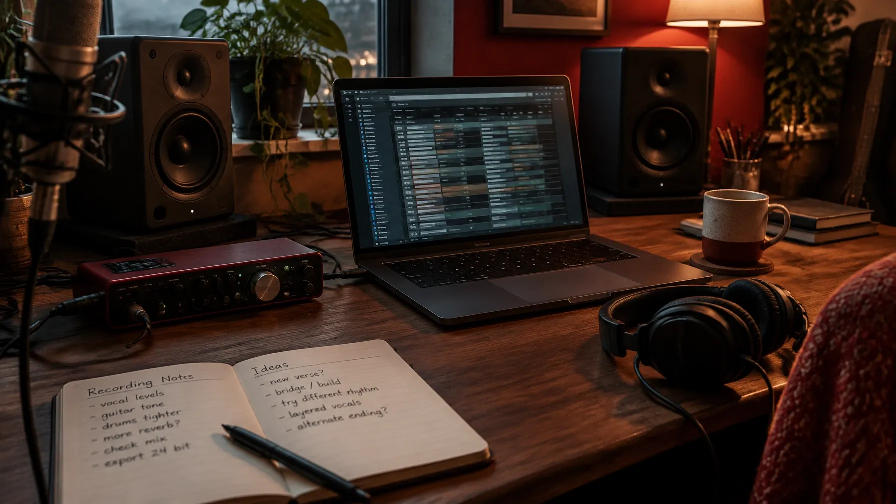 Home studio desk with laptop metadata table, audio equipment, and recording notes