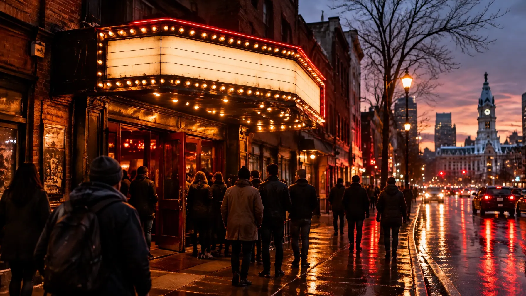 Concertgoers heading toward an independent music venue on a Philadelphia street at dusk