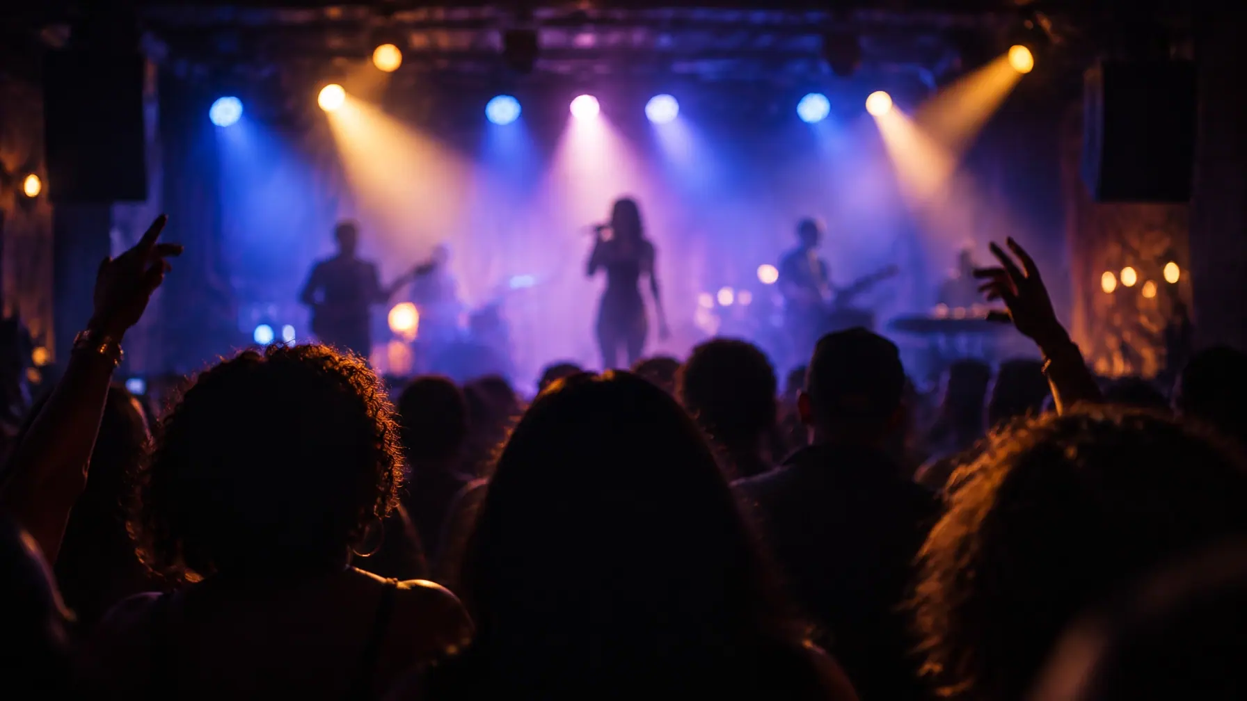 Audience silhouettes facing a distant stage under soft blue and gold concert lighting
