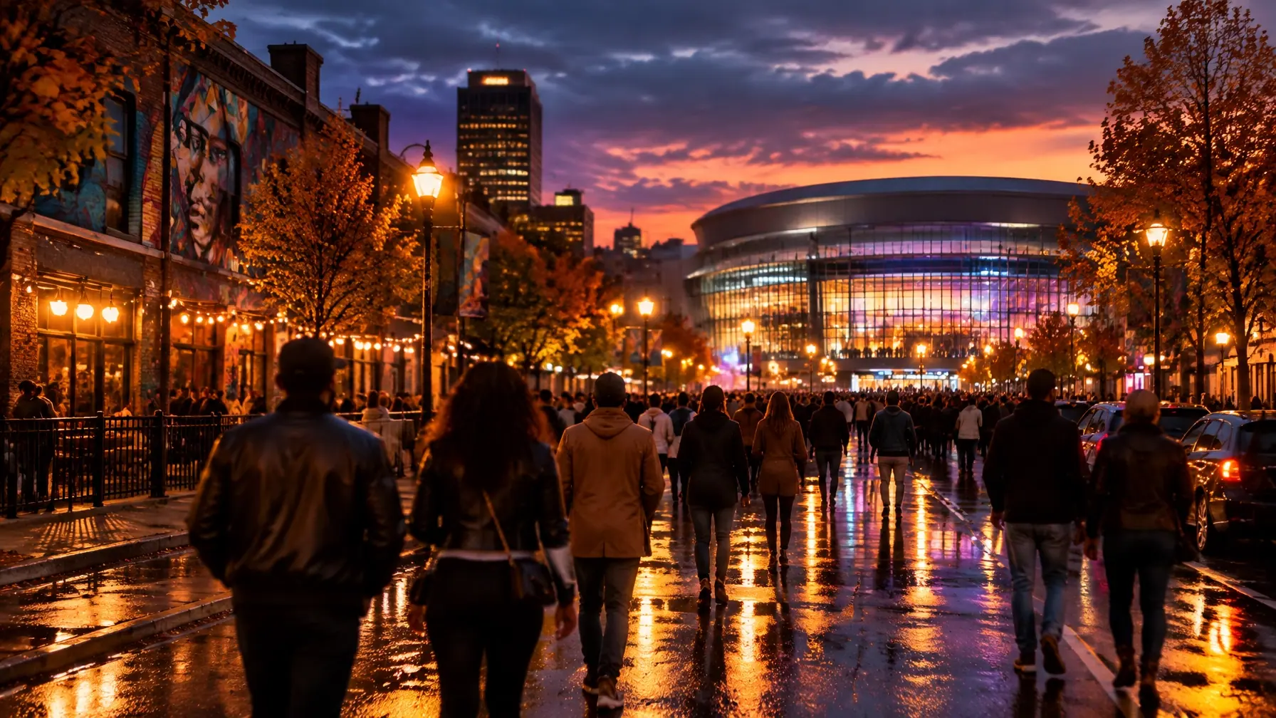 Autumn dusk in Newark with concertgoers walking toward an arena under city lights