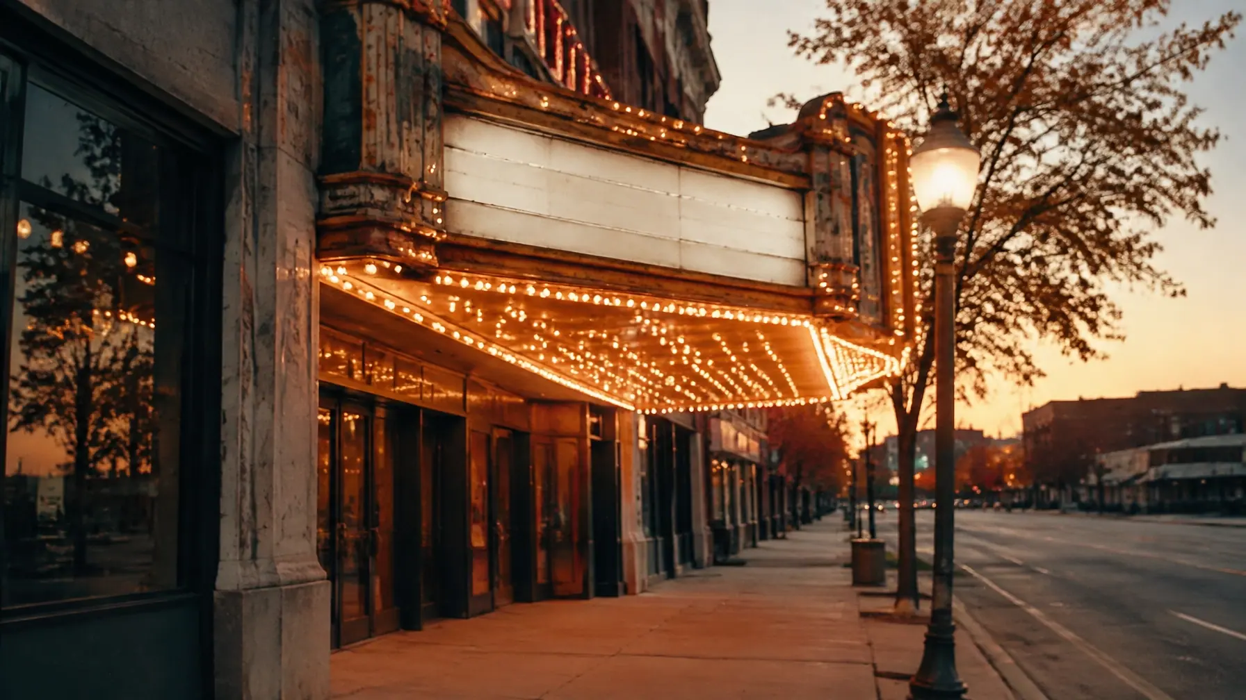 A warmly lit historic theater marquee and entrance at dusk