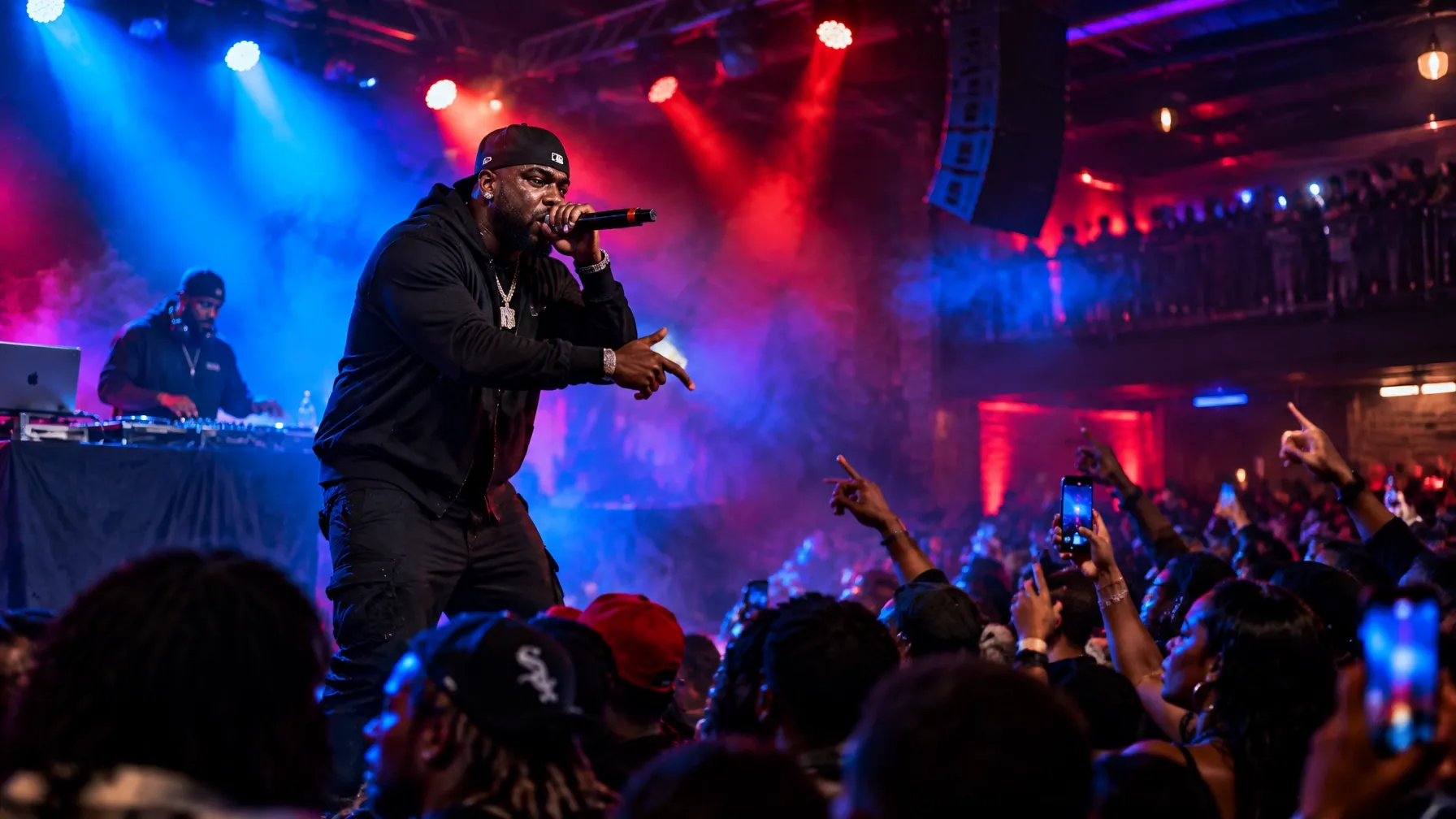A Baltimore hip-hop performance with a rapper and crowd under blue and red lights