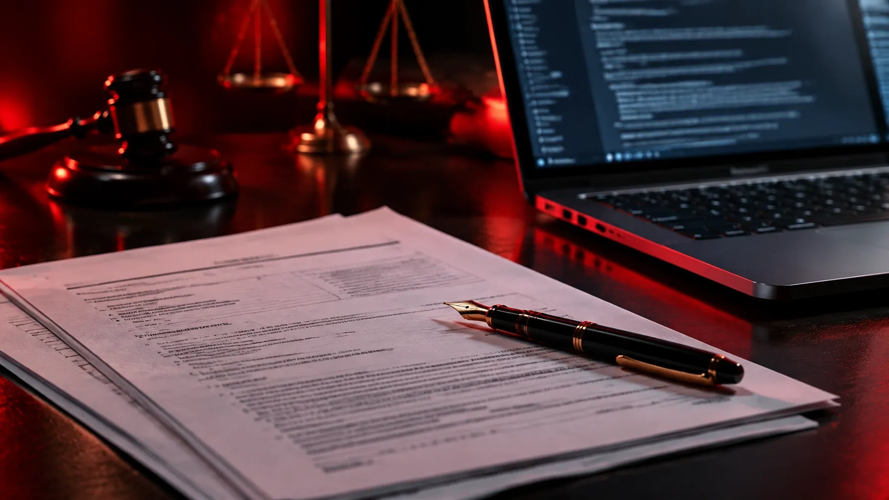 Legal documents and laptop on a dark desk representing a copyright complaint in the music technology industry