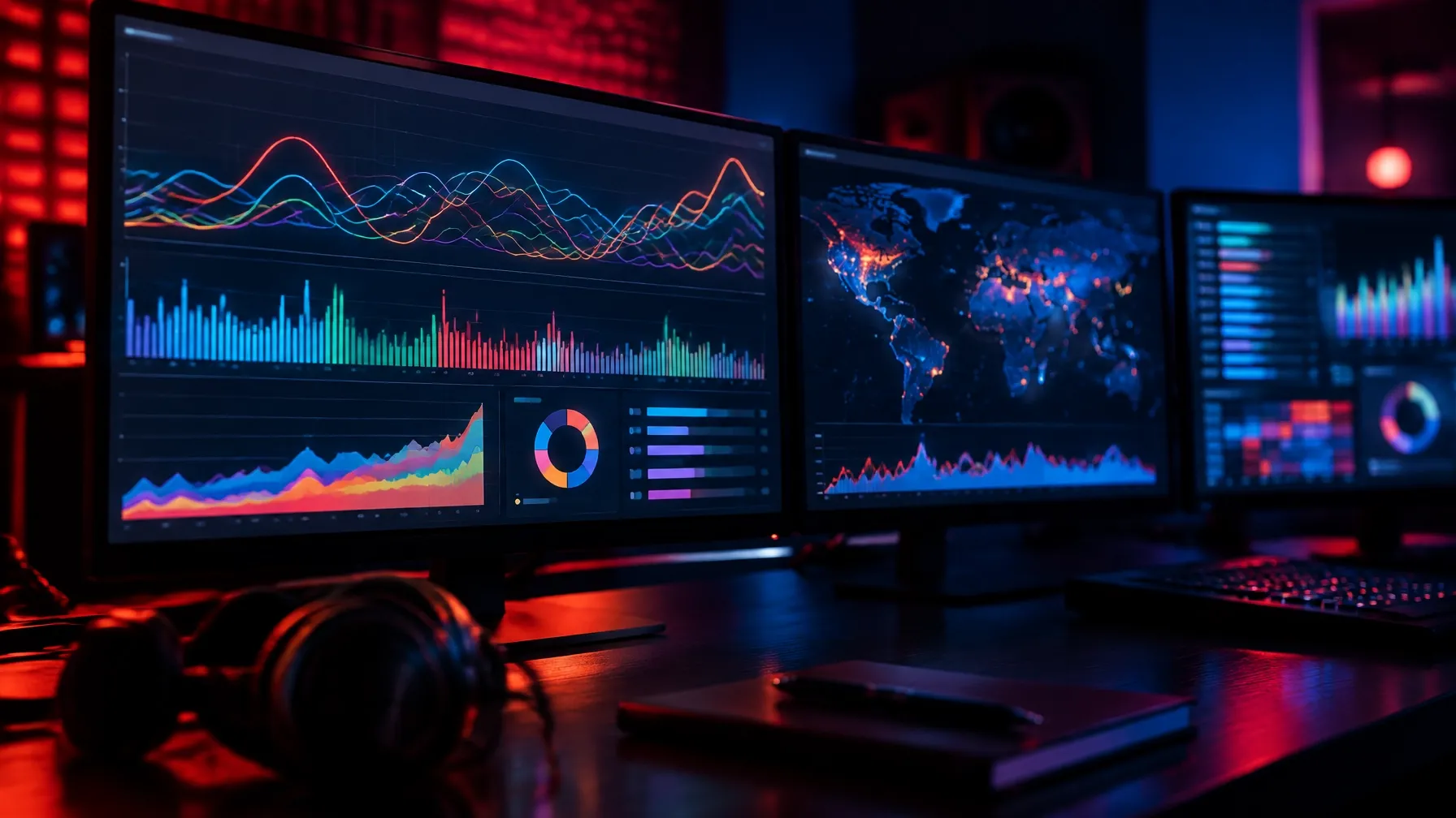 Ultra-realistic streaming analytics screens with generic waveforms and charts