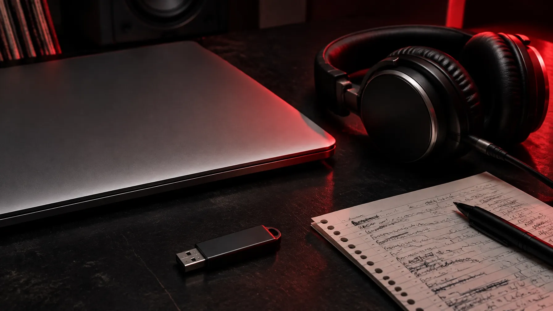 Ultra-realistic laptop, headphones, release notes, and a blank USB drive on a dark studio desk