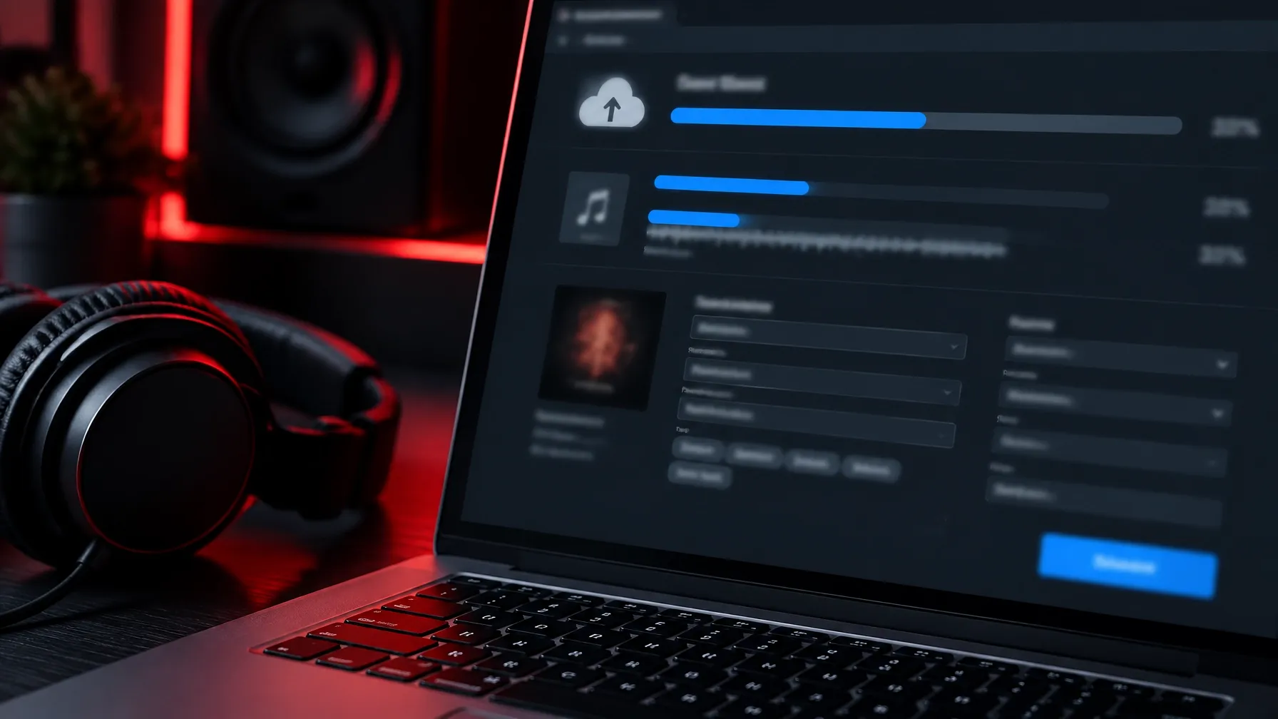 Ultra-realistic generic music upload interface on a laptop with blurred metadata fields and headphones