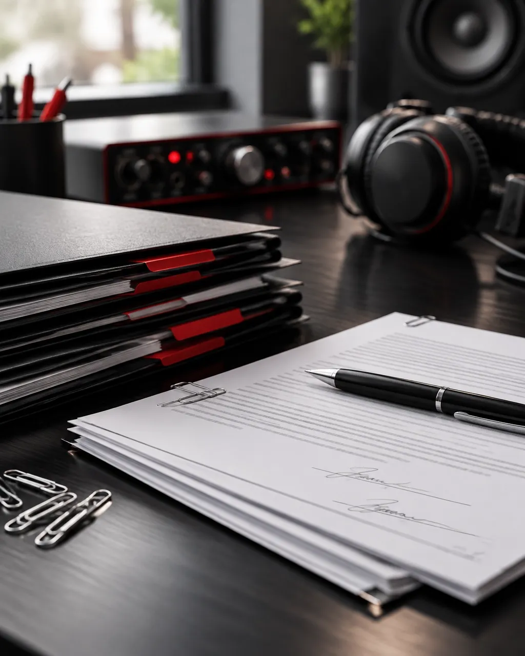 Music contract folders and signed split-sheet paperwork in a home studio